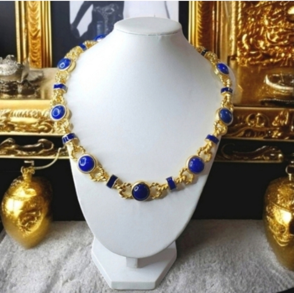 Lapis Lazuli Gold Enamel Byzantine Etruscan Vintage Style Statement Necklace - Picture 3 of 5
